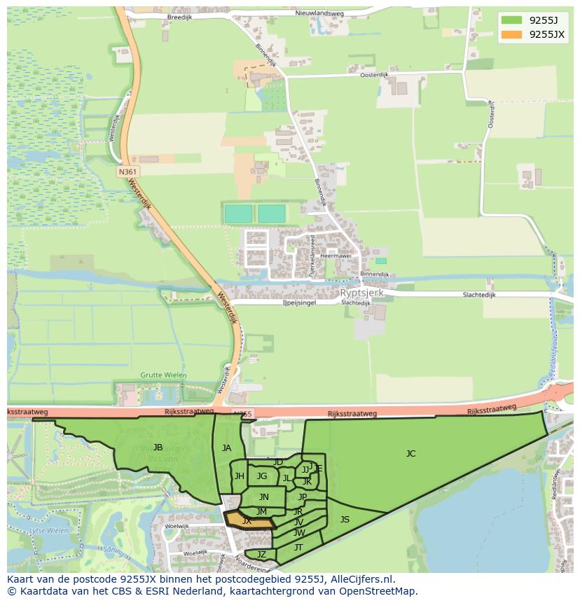 Afbeelding van het postcodegebied 9255 JX op de kaart.