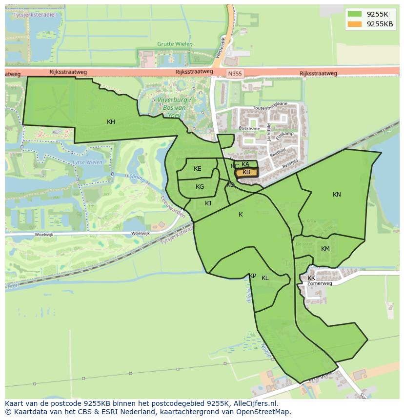 Afbeelding van het postcodegebied 9255 KB op de kaart.