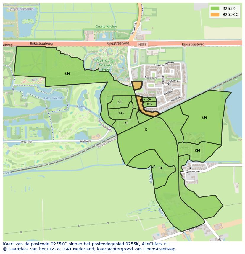 Afbeelding van het postcodegebied 9255 KC op de kaart.