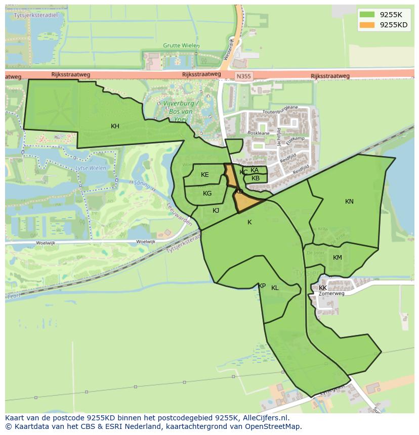 Afbeelding van het postcodegebied 9255 KD op de kaart.