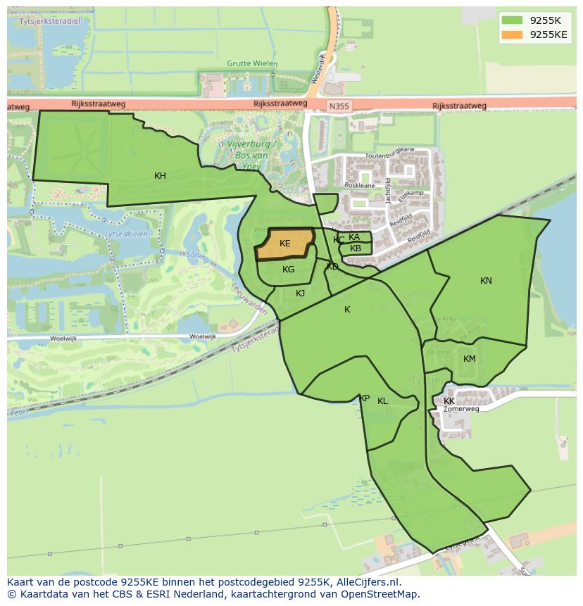 Afbeelding van het postcodegebied 9255 KE op de kaart.