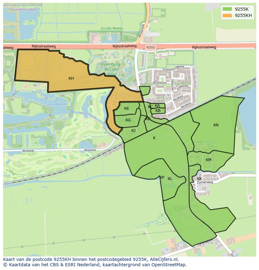 Afbeelding van het postcodegebied 9255 KH op de kaart.