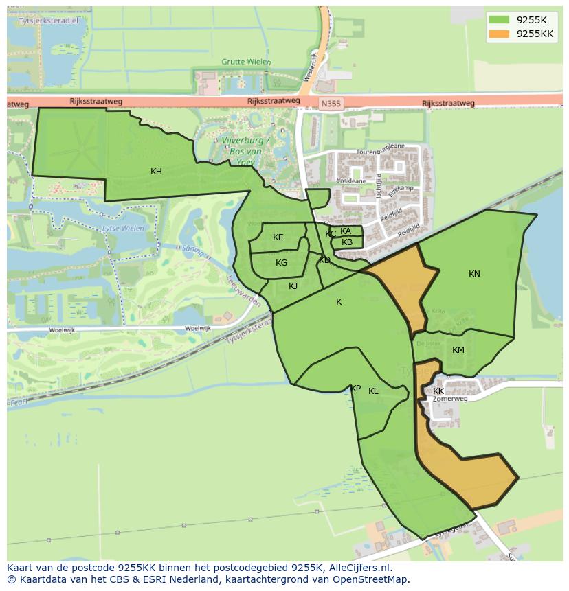 Afbeelding van het postcodegebied 9255 KK op de kaart.