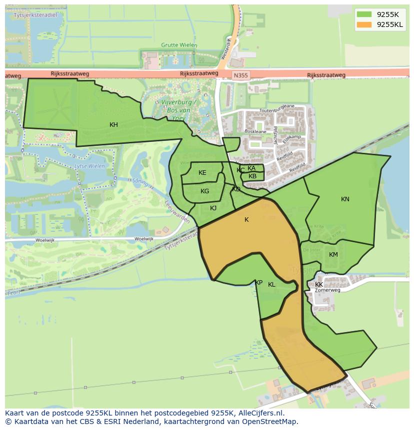 Afbeelding van het postcodegebied 9255 KL op de kaart.