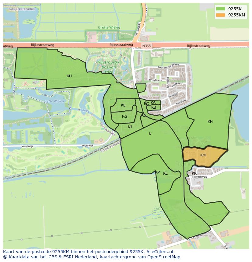 Afbeelding van het postcodegebied 9255 KM op de kaart.
