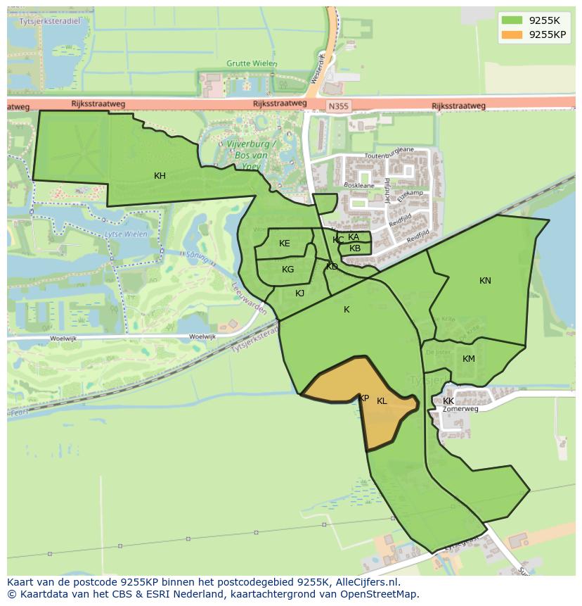 Afbeelding van het postcodegebied 9255 KP op de kaart.
