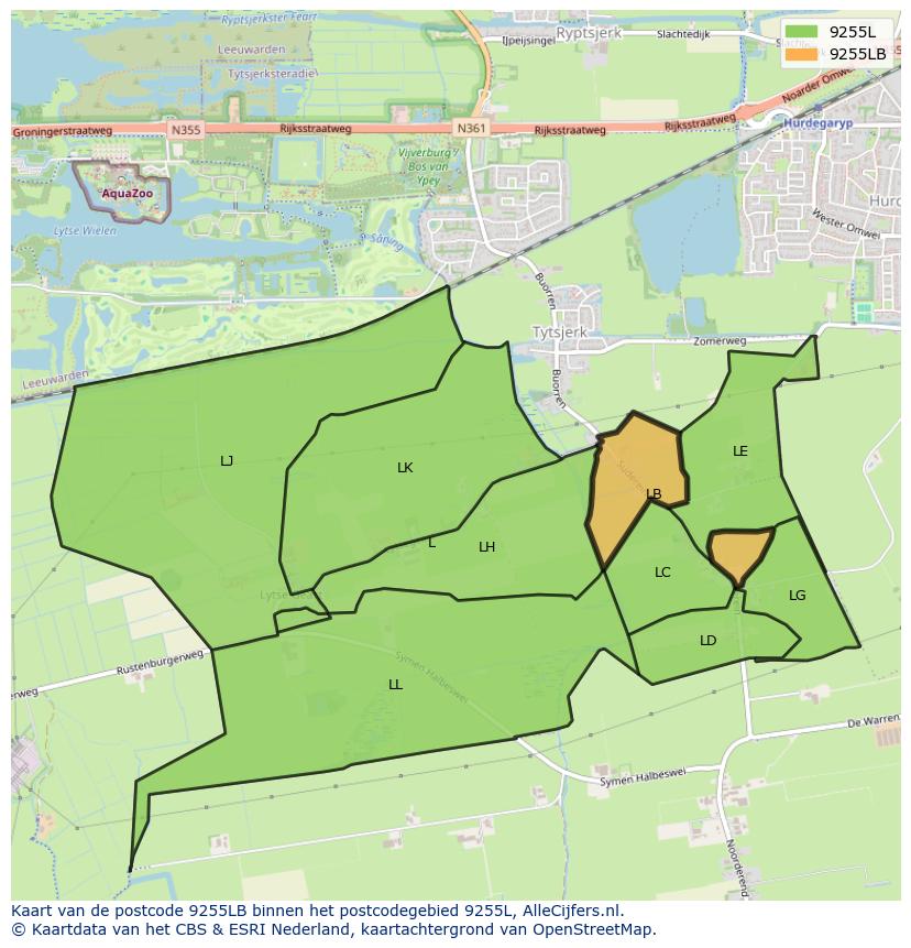 Afbeelding van het postcodegebied 9255 LB op de kaart.