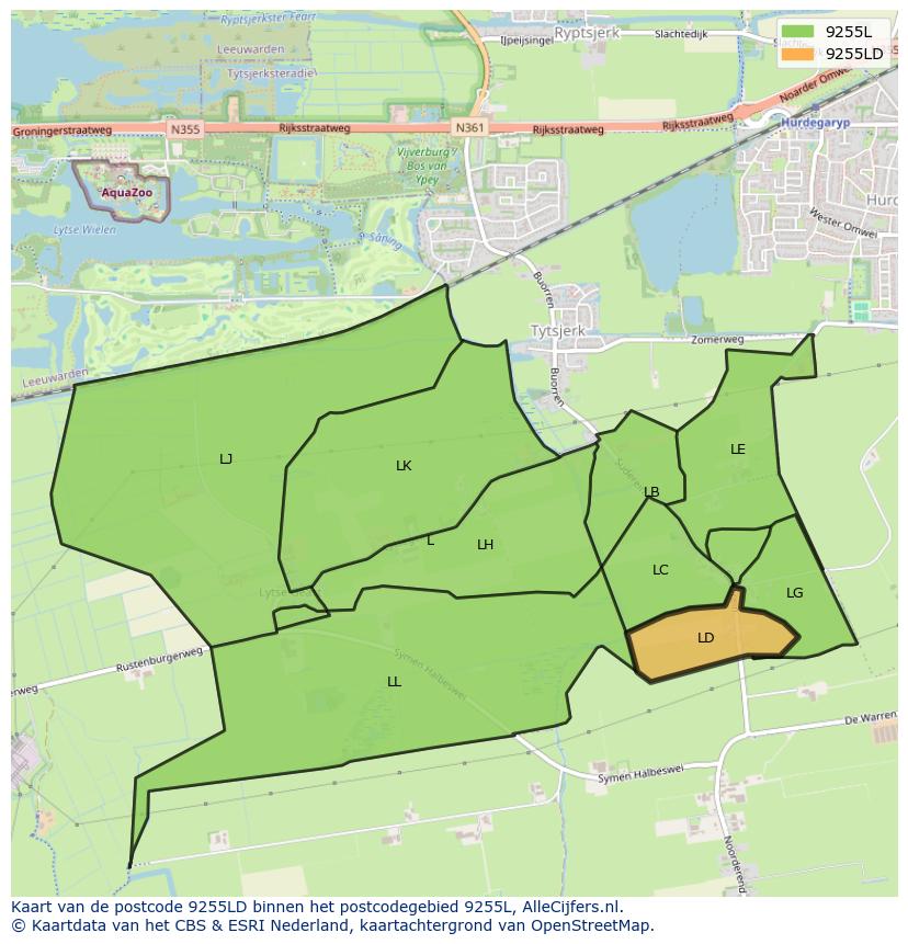 Afbeelding van het postcodegebied 9255 LD op de kaart.