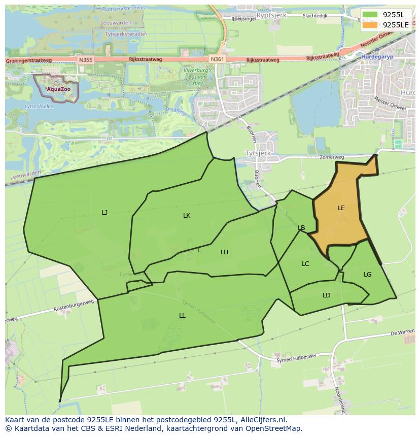 Afbeelding van het postcodegebied 9255 LE op de kaart.