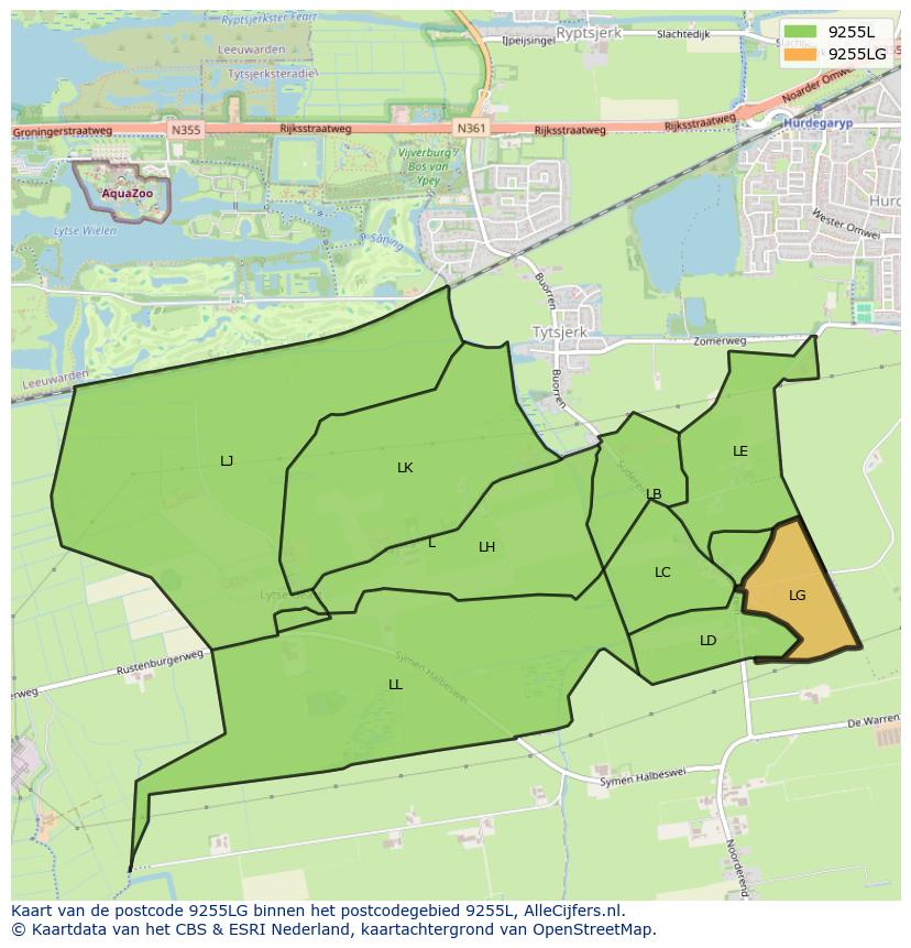 Afbeelding van het postcodegebied 9255 LG op de kaart.