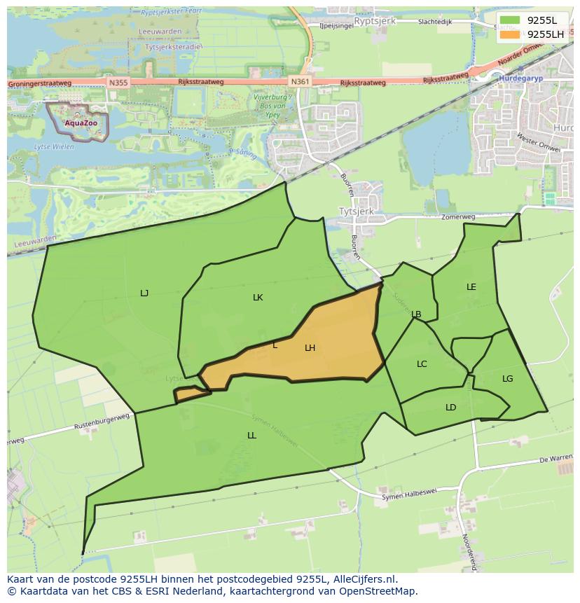Afbeelding van het postcodegebied 9255 LH op de kaart.