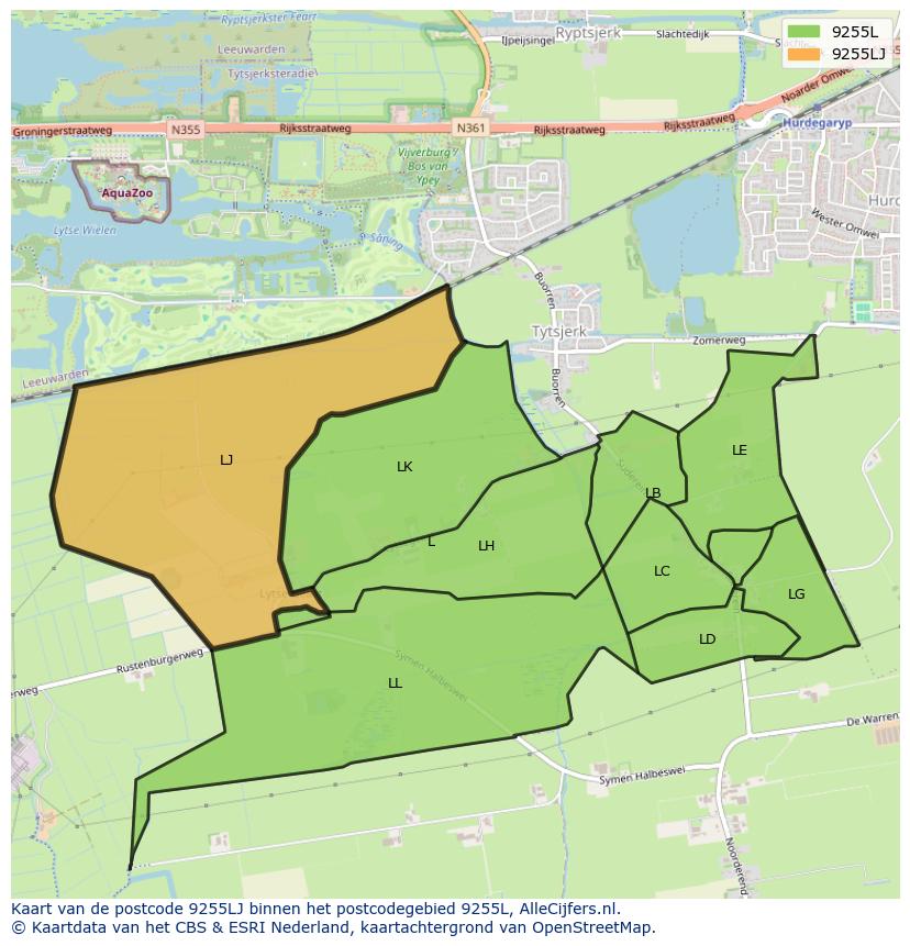 Afbeelding van het postcodegebied 9255 LJ op de kaart.