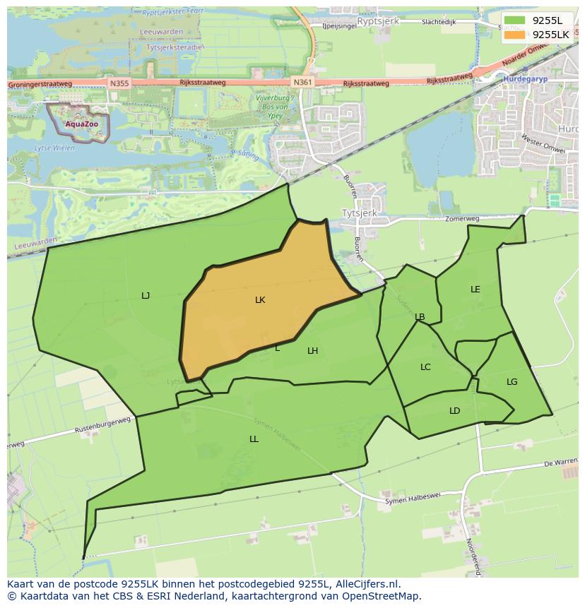 Afbeelding van het postcodegebied 9255 LK op de kaart.