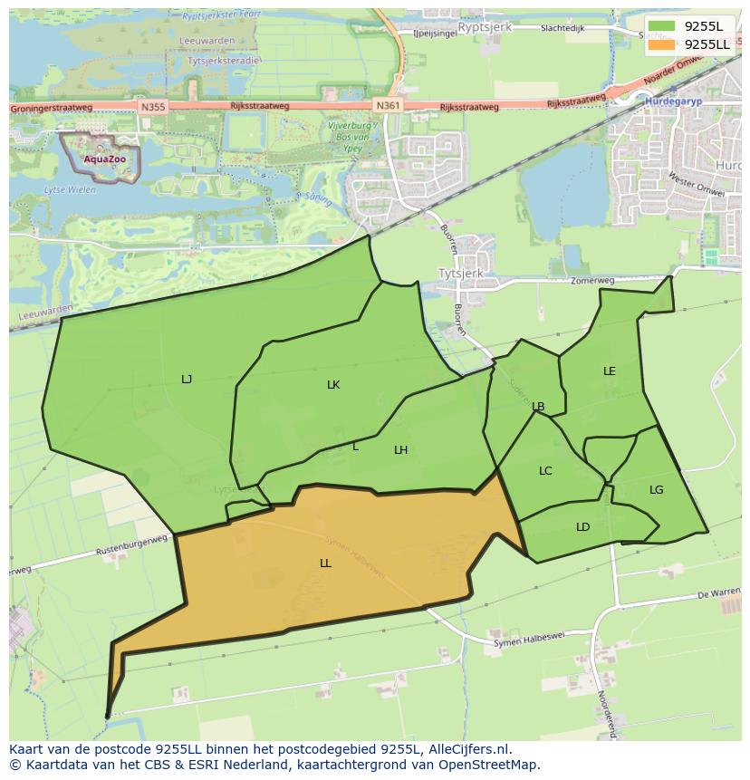 Afbeelding van het postcodegebied 9255 LL op de kaart.