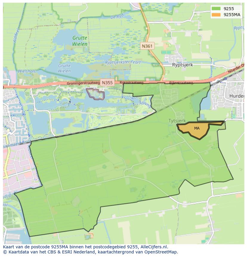 Afbeelding van het postcodegebied 9255 MA op de kaart.