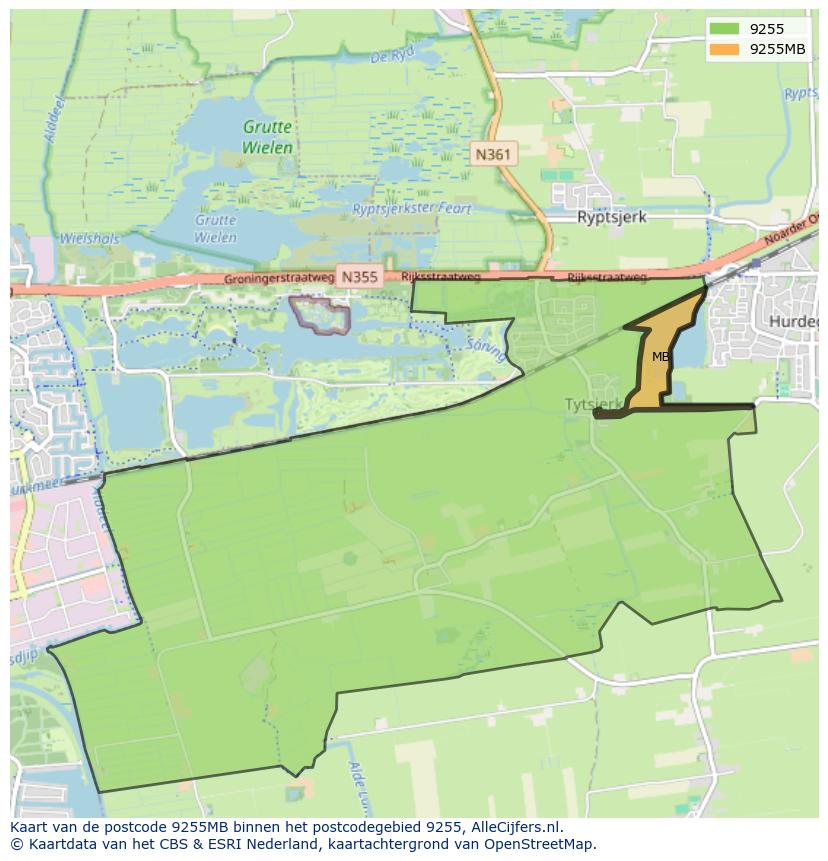Afbeelding van het postcodegebied 9255 MB op de kaart.