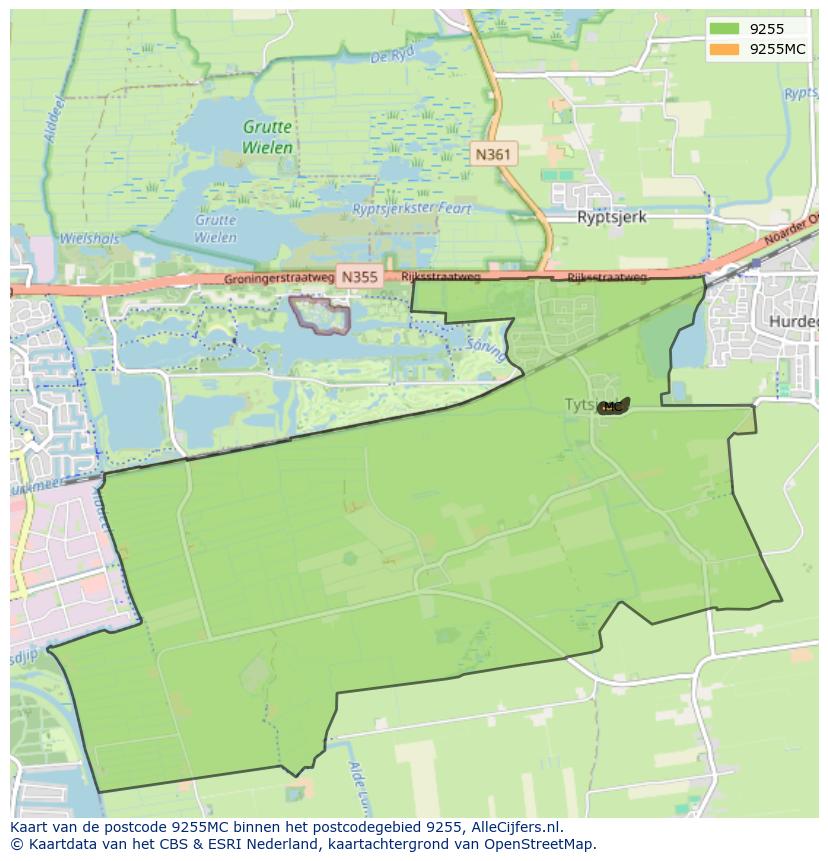 Afbeelding van het postcodegebied 9255 MC op de kaart.