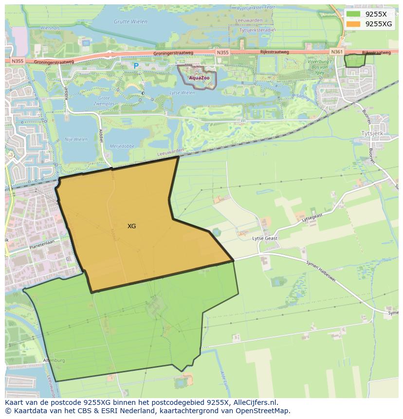 Afbeelding van het postcodegebied 9255 XG op de kaart.