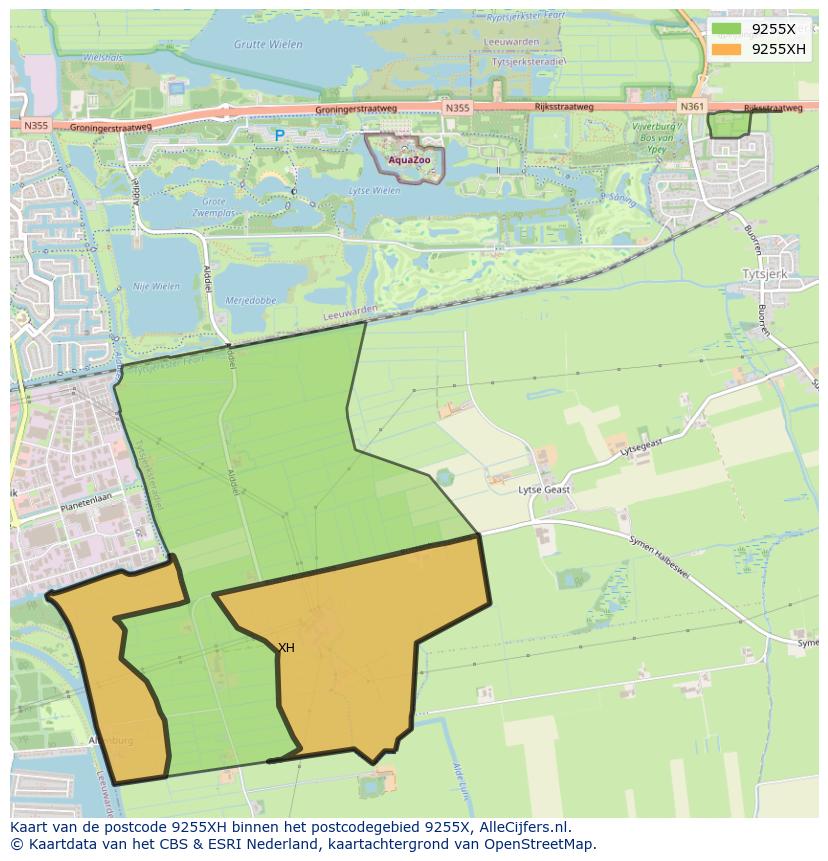 Afbeelding van het postcodegebied 9255 XH op de kaart.
