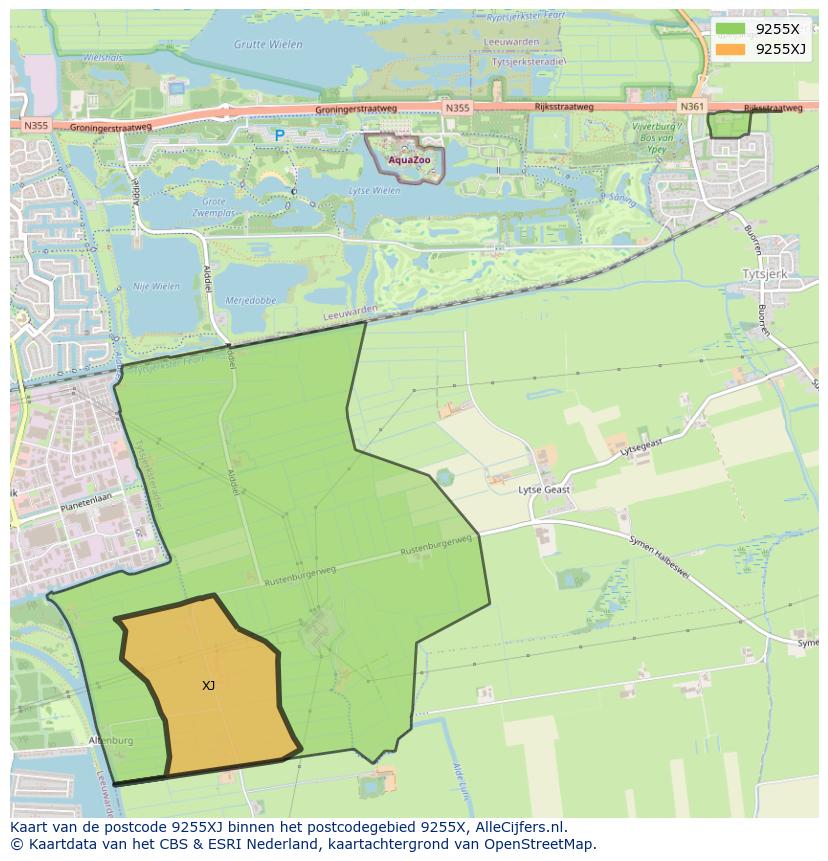 Afbeelding van het postcodegebied 9255 XJ op de kaart.