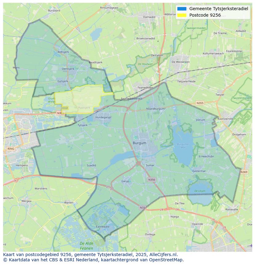 Afbeelding van het postcodegebied 9256 op de kaart.
