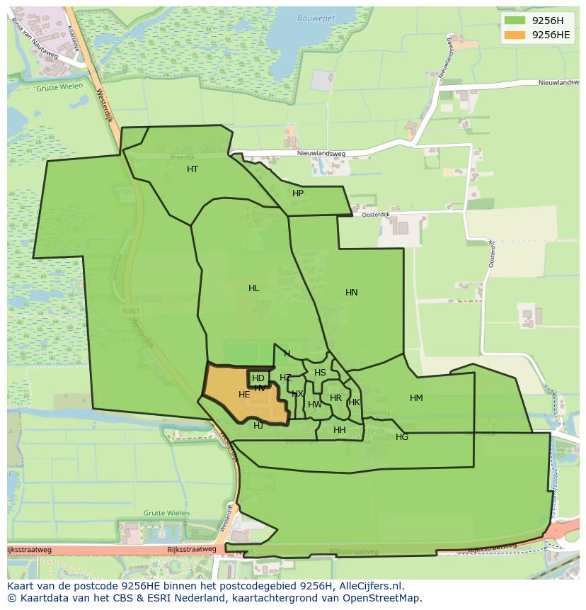 Afbeelding van het postcodegebied 9256 HE op de kaart.
