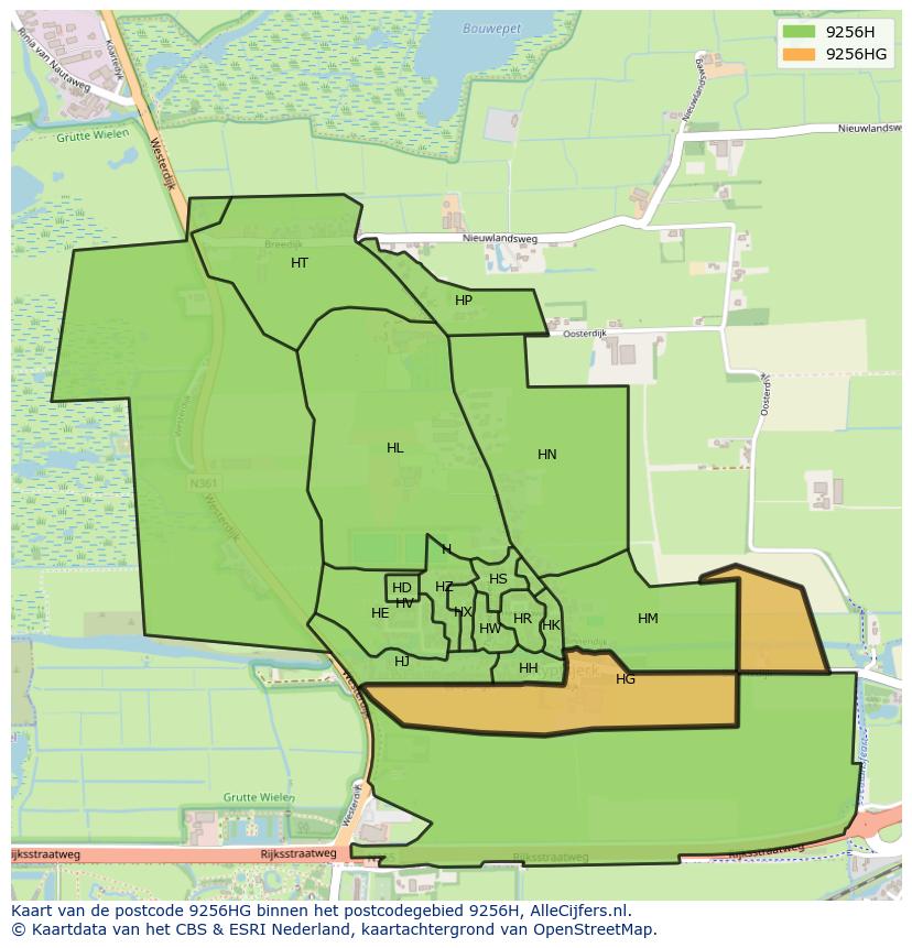 Afbeelding van het postcodegebied 9256 HG op de kaart.