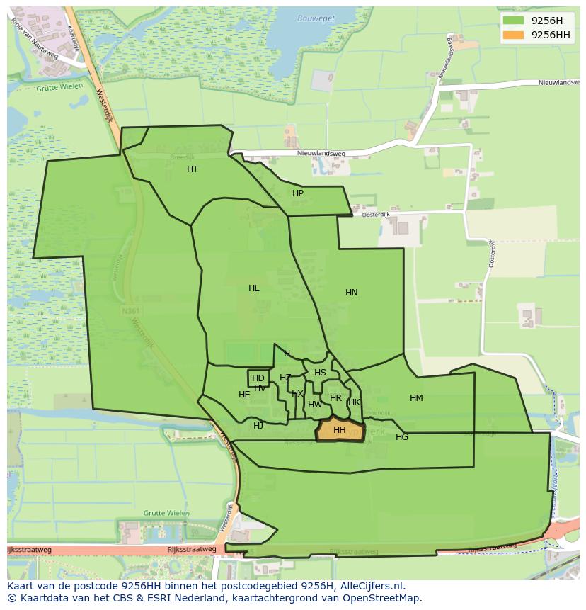 Afbeelding van het postcodegebied 9256 HH op de kaart.