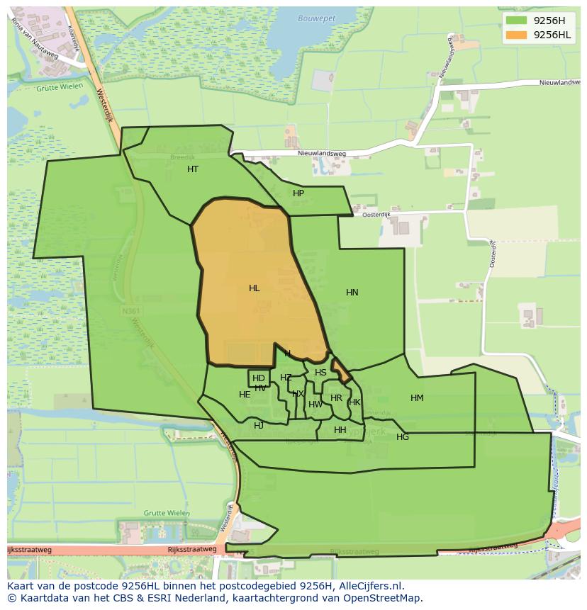 Afbeelding van het postcodegebied 9256 HL op de kaart.
