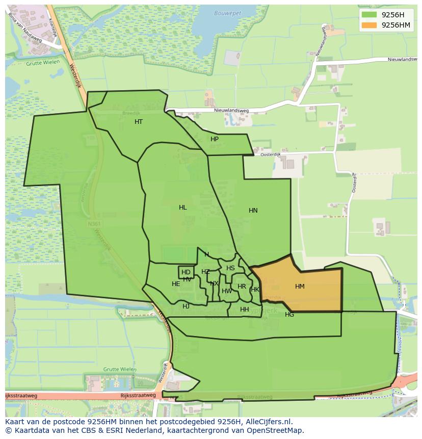 Afbeelding van het postcodegebied 9256 HM op de kaart.