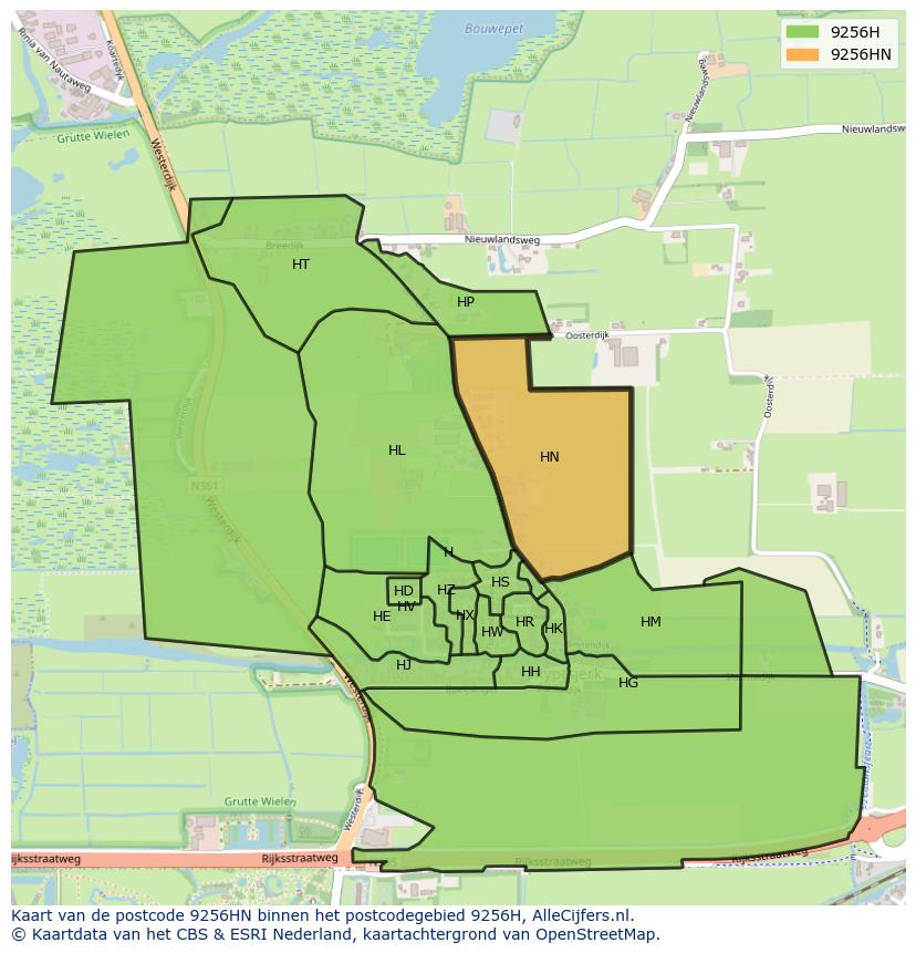 Afbeelding van het postcodegebied 9256 HN op de kaart.