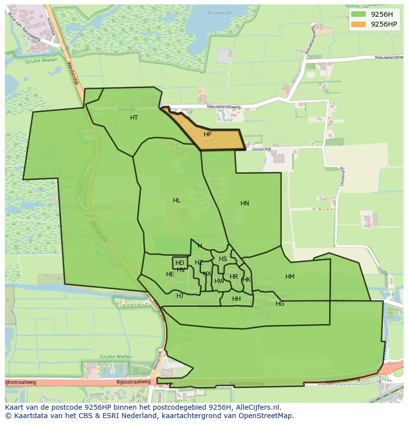 Afbeelding van het postcodegebied 9256 HP op de kaart.
