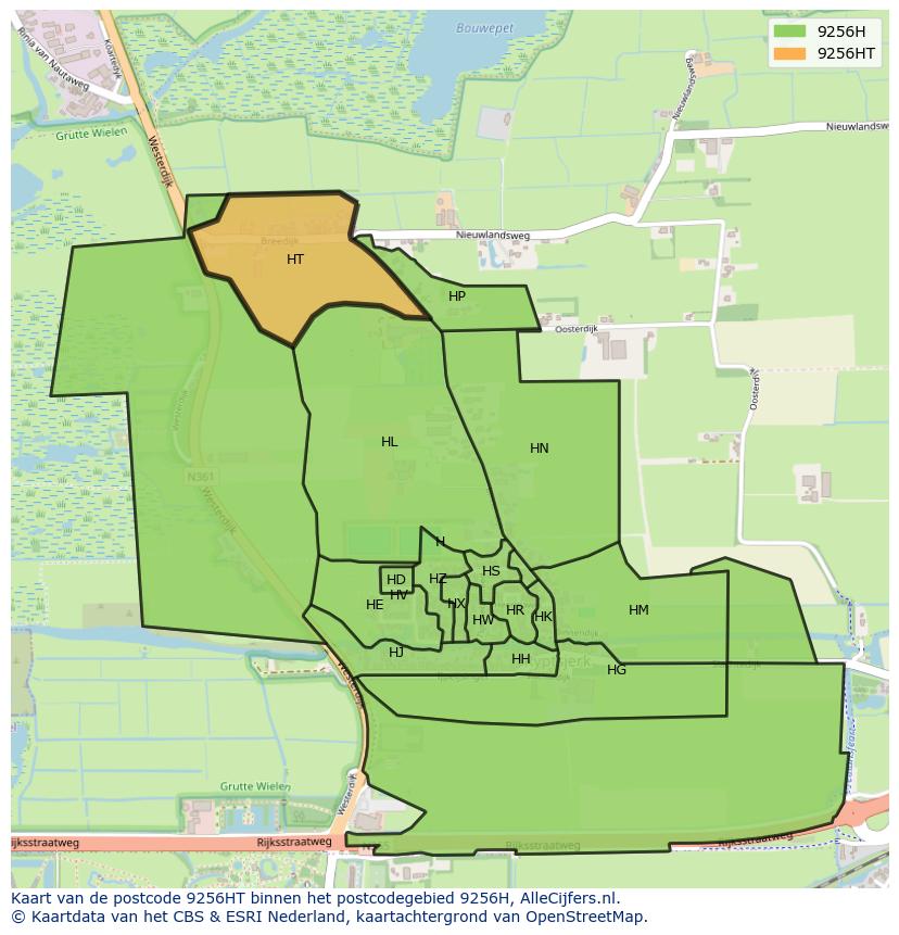Afbeelding van het postcodegebied 9256 HT op de kaart.