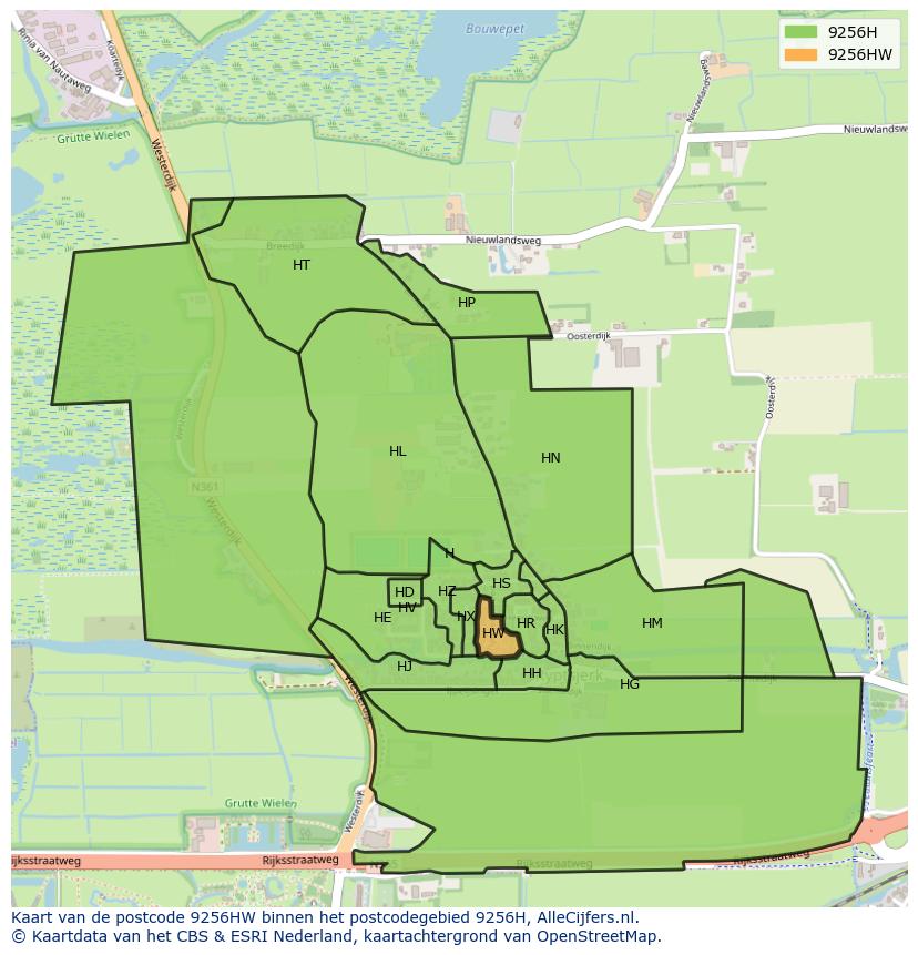 Afbeelding van het postcodegebied 9256 HW op de kaart.