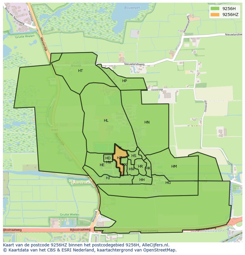 Afbeelding van het postcodegebied 9256 HZ op de kaart.