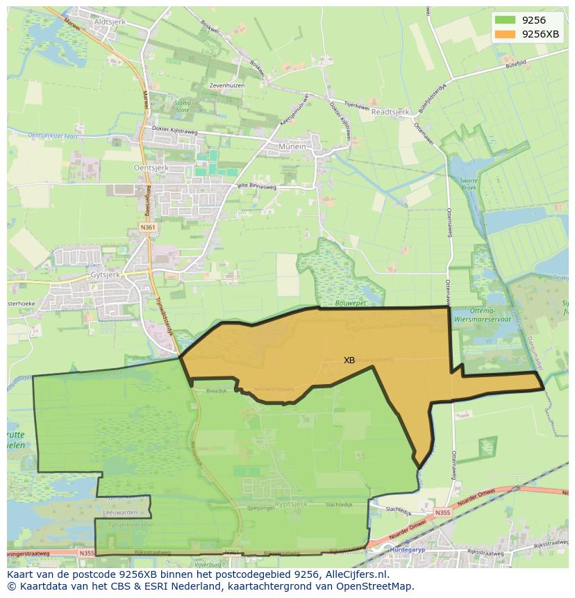 Afbeelding van het postcodegebied 9256 XB op de kaart.