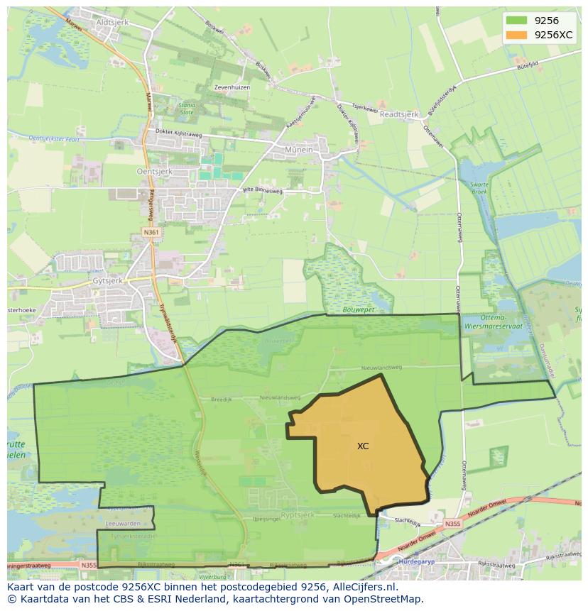 Afbeelding van het postcodegebied 9256 XC op de kaart.