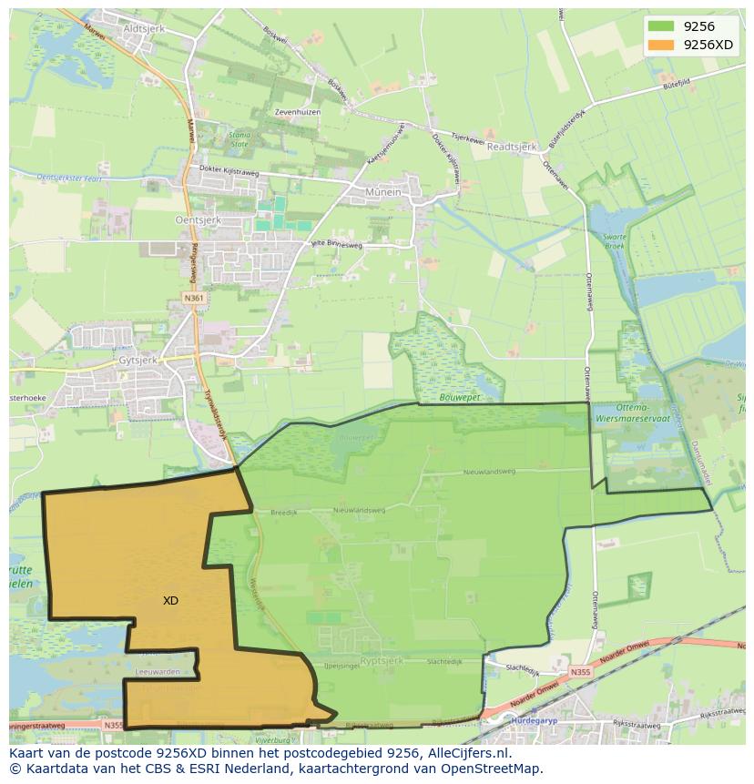 Afbeelding van het postcodegebied 9256 XD op de kaart.