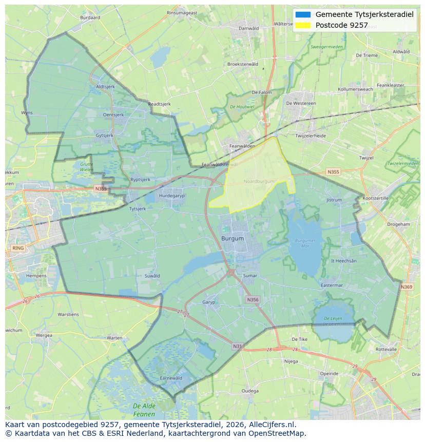 Afbeelding van het postcodegebied 9257 op de kaart.