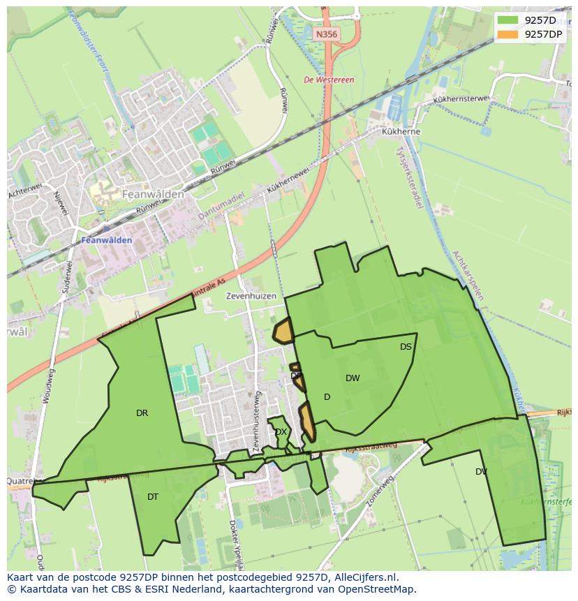 Afbeelding van het postcodegebied 9257 DP op de kaart.
