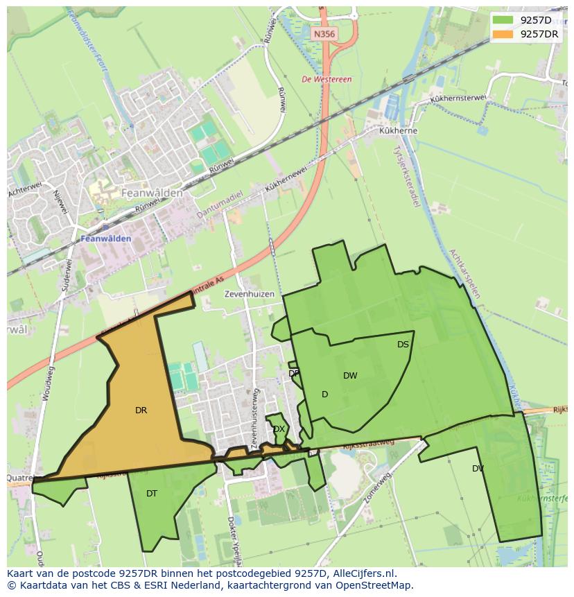 Afbeelding van het postcodegebied 9257 DR op de kaart.