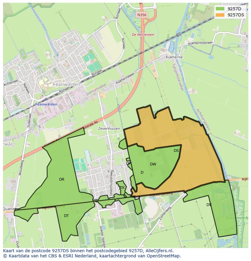 Afbeelding van het postcodegebied 9257 DS op de kaart.