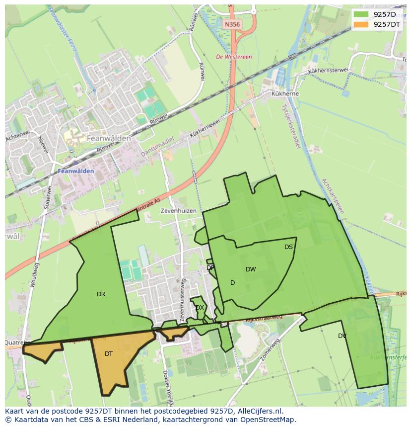 Afbeelding van het postcodegebied 9257 DT op de kaart.