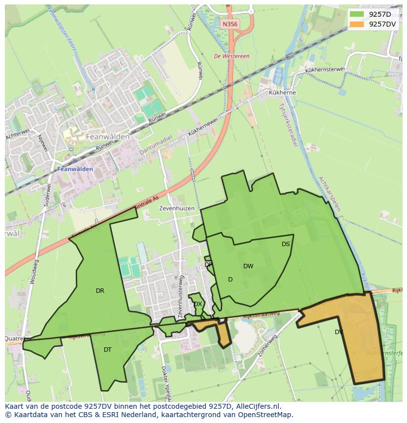 Afbeelding van het postcodegebied 9257 DV op de kaart.