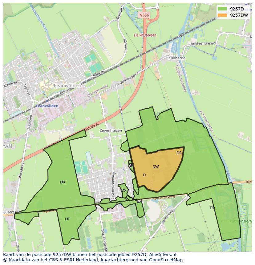 Afbeelding van het postcodegebied 9257 DW op de kaart.