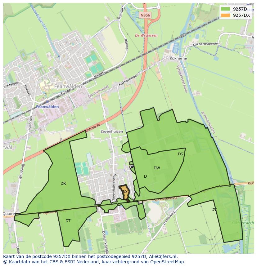 Afbeelding van het postcodegebied 9257 DX op de kaart.