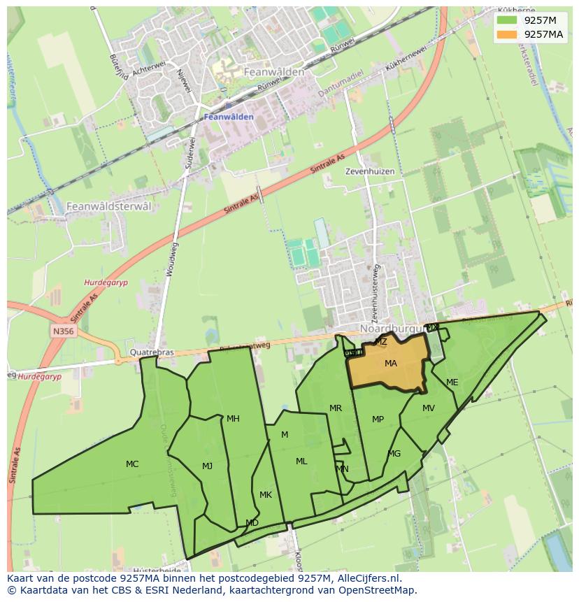 Afbeelding van het postcodegebied 9257 MA op de kaart.