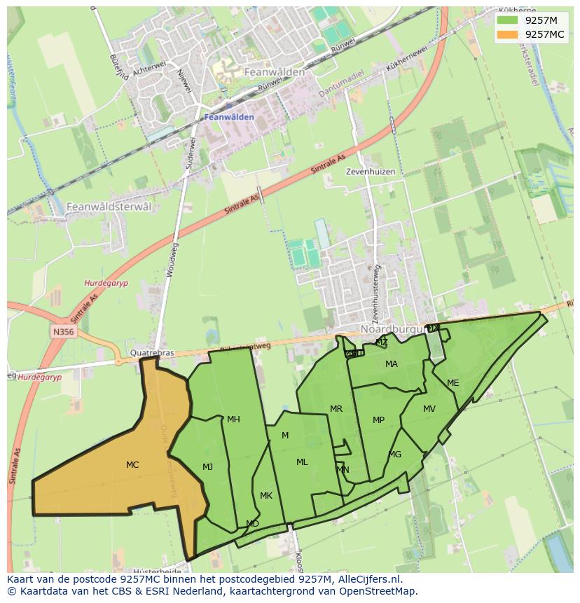 Afbeelding van het postcodegebied 9257 MC op de kaart.