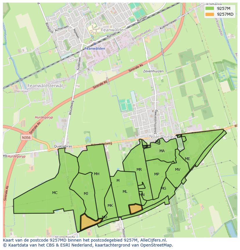 Afbeelding van het postcodegebied 9257 MD op de kaart.