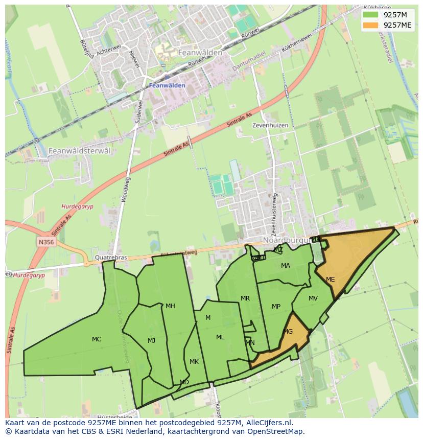 Afbeelding van het postcodegebied 9257 ME op de kaart.